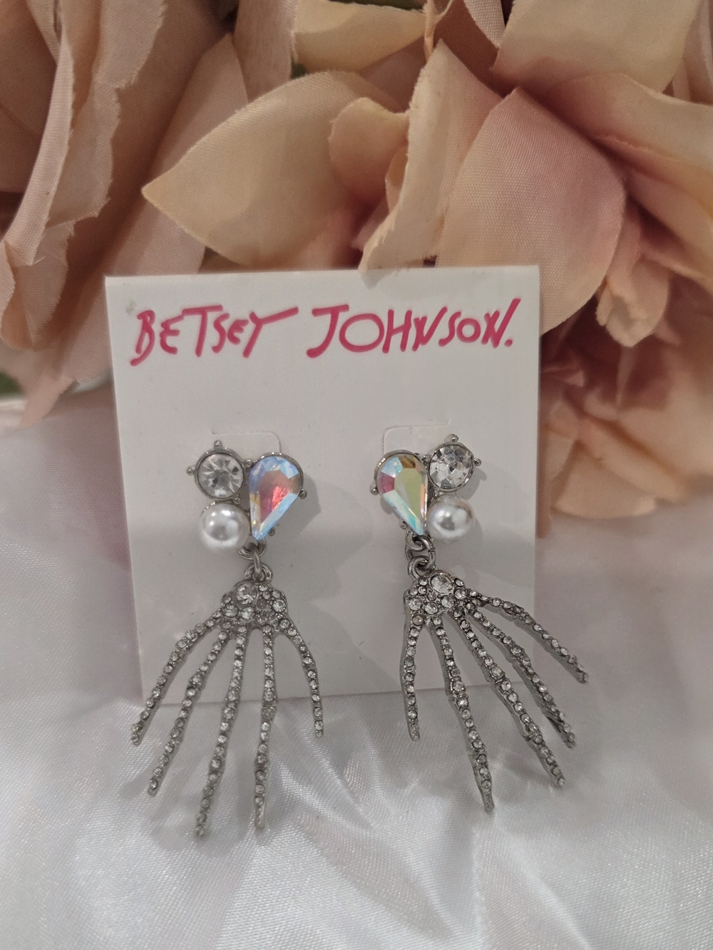 Betsey Johnson Silver-tone Iridescent Teardrop & Pearl Dangle Earrings